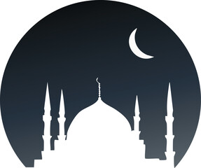 Vector illustration of a mosque silhouette at night with crescent moon, representing Islamic spirituality, peace, and Ramadan atmosphere.
