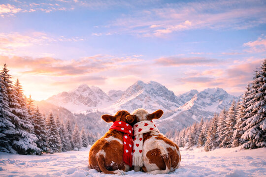 Fantasy image of two calves embracing in snowy mountains at sunrise, wrapped in heart scarves and sharing a peaceful Valentine&rsquo;s moment in a dreamy winter landscape glowing with soft morning light.