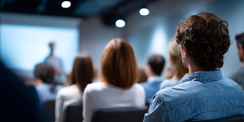 Fototapeta premium Audience listening attentively to a speaker during a presentation in a modern conference room with focused atmosphere
