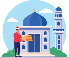 Vector illustration of a man delivering aid near a mosque, symbolizing charity, generosity, and social responsibility.
