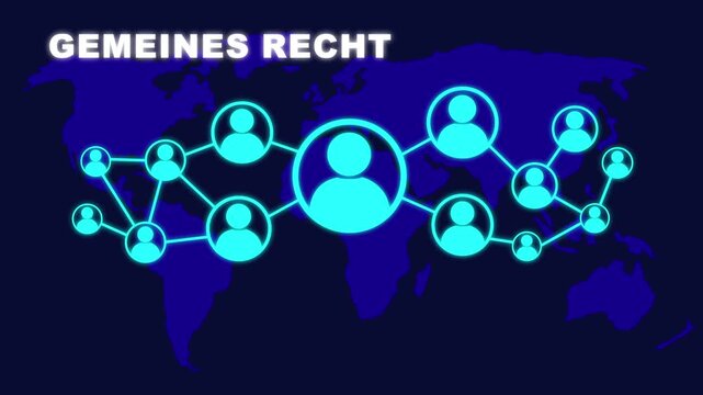 Animated gemeines recht concept on blue background with world map and social icons. Social network connections, Connected people nodes, and global communication concept. 4K Video
