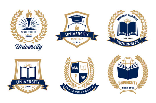 University, academy or school and college icons of academic cap with book and sun, vector emblems. University shields or college badges for student education academy with torch or laurel wreath ribbon