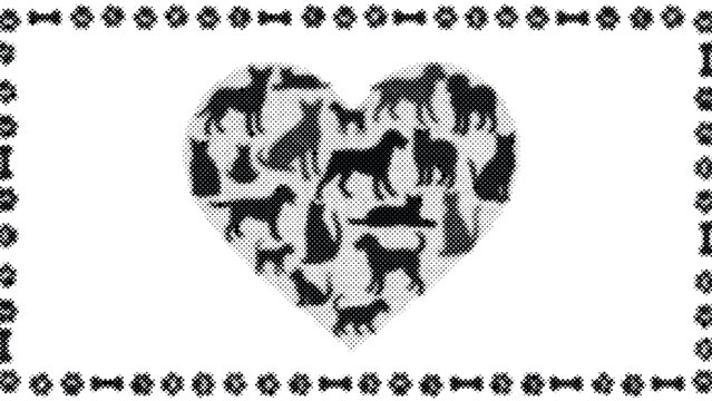 heart shape filled with various dog breeds and decorative dog bone border