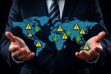 Global cybersecurity risk concept with businessman showing digital world map and warning security alert icons