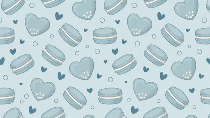 Charming seamless pattern featuring delightful blue macarons and sweet heart shapes