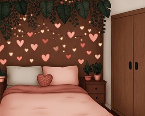 Minimal pastel illustration of introvert Valentine lifestyle, cozy room, soft light, calm atmosphere, no couple imagery