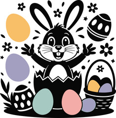A cheerful black and white bunny emerging from an egg with colorful easter eggs around