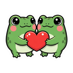 Fototapeta premium Two cute green frogs holding a red heart together isolated on transparent background