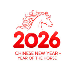 2026 Chinese New Year Year of the Horse Red Typography with Horse Line Art Illustration | Chinese Happy New Year 2026 on transparent background