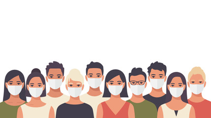 A diverse group of people wearing protective face masks on a clean white background