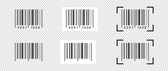 Collection of barcode stickers with scanner frames. Samples of bar code mockups isolated on transparent background. Pricetags or ID labels with digital data product information. Vector illustration