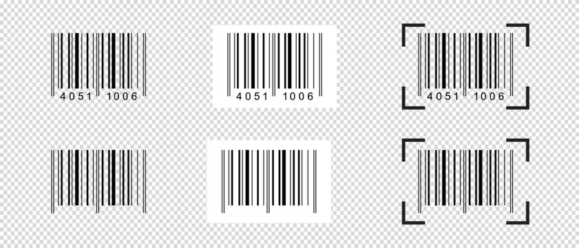 Collection of barcode stickers with scanner frames. Samples of bar code mockups isolated on transparent background. Pricetags or ID labels with digital data product information. Vector illustration