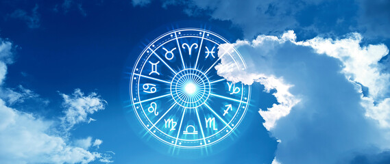 Horoscope with zodiac signs concept. astrology and money wealth concept, Astrological zodiac signs inside of horoscope circle, knowledge of stars in the sky. not ai