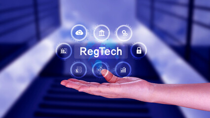Regtech, Regulatory technology concept, management of regulatory processes with financial industry through technology, Regulatory monitoring, reporting and compliance, Machine learning tech.