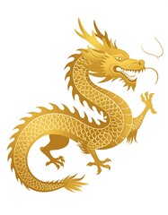 A majestic golden creature with scales, claws, and a flowing mane, coiled and poised on a white background