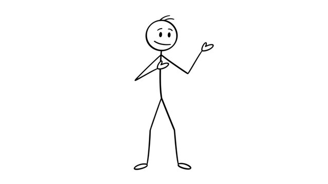 Smiling stick figure man shrugging shoulders with open hands, showing uncertainty or innocence, on an isolated white background.