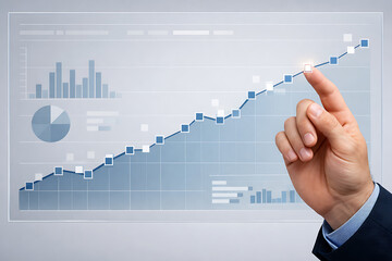 Hand touching futuristic chart showing business data growth and analytics with rising digital graph interface