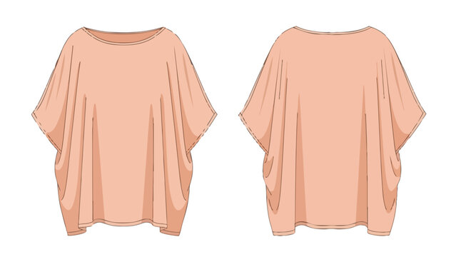 Stylish relaxed-fit peach short-sleeved women's top flat sketch showing front and back views a modern apparel design technical drawing illustration.