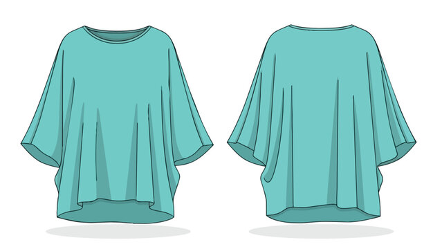 Fashion technical flat sketch of a fluid teal dolman sleeve top showcasing a wide, comfortable neckline and a gracefully draped silhouette for