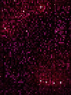 red and purple pixel art background, with tiny lights shining in the dark. a digital grid of small squares creates an abstract pattern, adding depth to the composition. the overall effect evokes the f