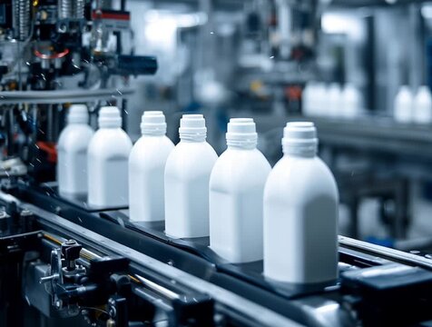 the machine is producing white bottles on the production line in an industrial factory, including coffee creamer and shampoo packaging for car cleaning supplies "stock". the background of the photo sh