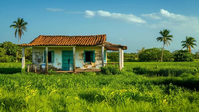 a charming weathered blue house with a terracotta roof stands amidst a vibrant green field under a clear sky 4k video