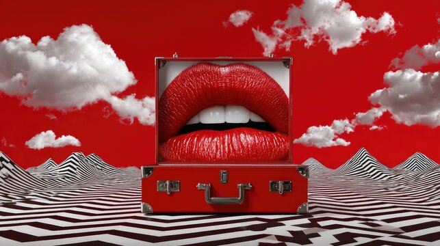 Surreal Red Lip Suitcase in Artistic Optical Illusion Landscape with Clouds