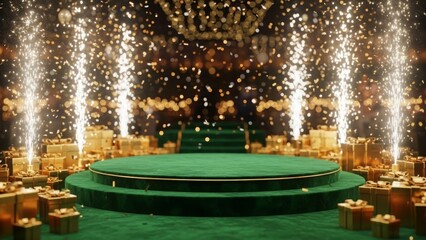 Luxury stage with green carpet, golden gifts, and sparkling fireworks for celebration or award ceremony