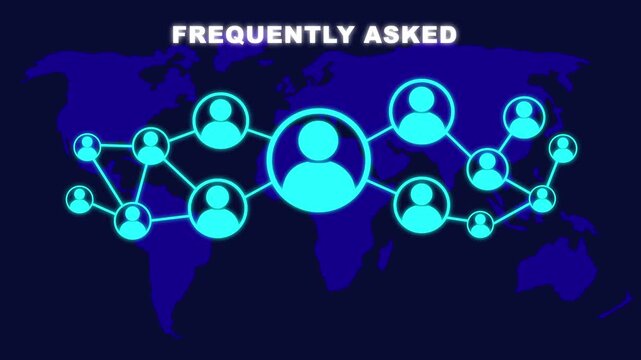 Animated frequently asked questions concept on blue background with world map and social icons. Social network connections, Connected people nodes, and global communication concept