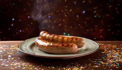 Steaming Bratwurst With Mustard On Porcelain Plate Rustic Table With Scattered Confetti