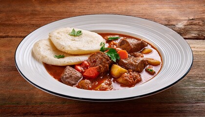 Nigerian Afang Soup With Beef And Fish Served With Eba On A White Ceramic Plate Wooden Background