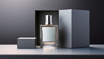 Elegant Perfume Bottle With Sleek Design And Accompanying Gray Box Mockup