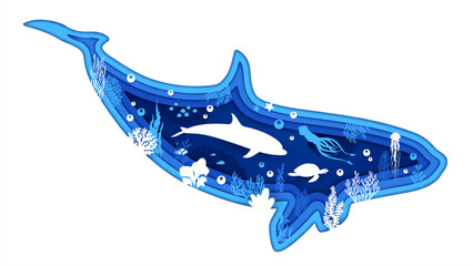 Paper cut killer whale silhouette with underwater sealife landscape. Orca silhouette with dolphins, turtles, jellyfish and coral plants, starfish and seaweeds. Vector summer travel banner