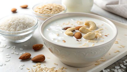 A bowl of yogurt with nuts and rice on a white table