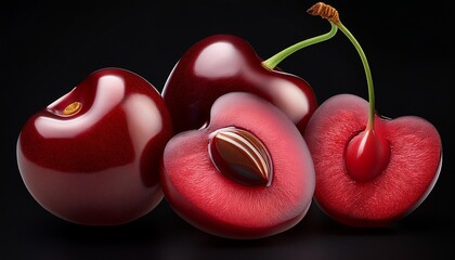 A Ripe Dark Red Cherry Whole And Halved Isolated On Black