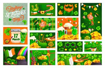 Obraz premium Happy St Patricks day holiday collage. Saint Patrick celebration vector banner, spring Irish party collage. Ireland holiday greeting card with leprechaun, coins, ale, musical instruments, clovers