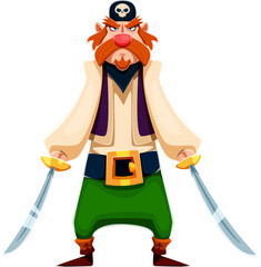 Naklejka premium Cartoon pirate warrior character standing with both arms extended, gripping two curved cutlasses. Fierce corsair character with a large red mustache and beard. Vector swashbuckling sea rover personage