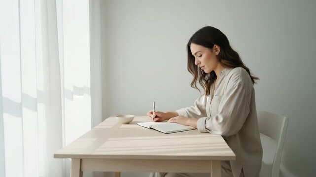 Thoughtful caucasian woman journaling food intake at wooden table near window with soft daylight in minimalist home interior, concept of mindful eating and healthy lifestyle