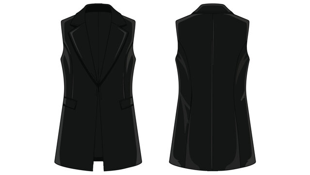 Sleek black long vest fashion flat illustration, elegant women's sleeveless blazer apparel design template