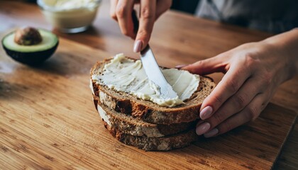 Female hands spreading soft butter or cream cheese on a slice of dark rye bread with a knife, making a healthy breakfast toast on a wooden kitchen board