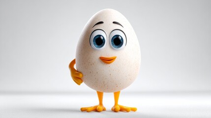 Fototapeta premium Cute anthropomorphic egg character with friendly expressive face, cartoon eyes and mouth, small arms and legs, standing pose, soft lighting, clean white background, 3D illustration with copy space