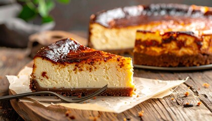 Burnt cheesecake with caramelized top, creamy inside, slice cut, on wooden table, natural lighting, photorealistic dessert