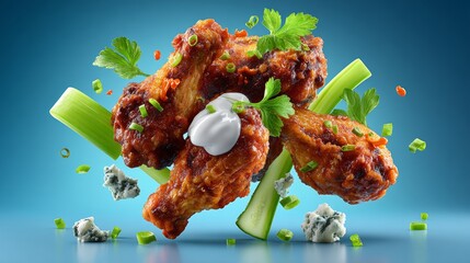 Artful food photography composition featuring fresh fried chicken wings in red sauce, garnished with herbs and served on a bed of celery, with blue cheese and creamy dip, ideal for culinary presentati