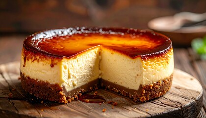 Burnt cheesecake with caramelized top, creamy inside, slice cut, on wooden table, natural lighting, photorealistic dessert
