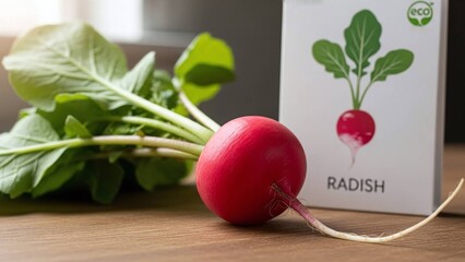 fresh red radish with green leaves and eco seed packet on rustic wooden table for gardening blogs, agricultural websites, farm catalogs and vegan cooking presentations