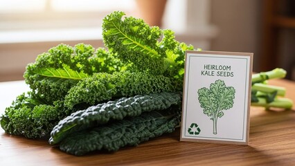 fresh green kale leaves with heirloom seed packet on rustic wooden table for gardening blogs, agricultural sites, healthy lifestyle catalogs and vegan cooking presentations