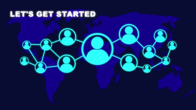 Animated Let's get started concept on blue background with world map and social icons. Social network connections, Connected people nodes, and global communication concept.