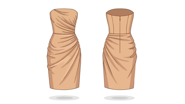Elegant strapless beige ruched mini dress fashion illustration front and back views showcasing meticulous design details perfect for evening wear or