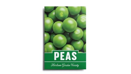 vibrant green peas seed packet for agricultural websites, gardening catalogs, vegetable seed packaging, farm stores and educational biology materials, with copy space