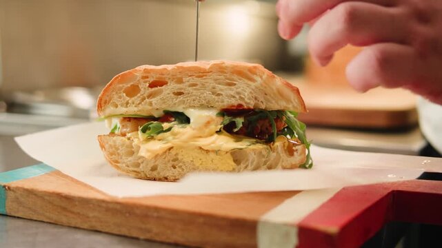 Fish sandwich foccacia with prawns, delicious homemade spicy shrimp sandwich with lettuce, tomato, and tartar sauce.